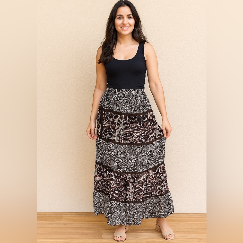 Chico’s Leopard Silk Tiered Brown Skirt S/0
